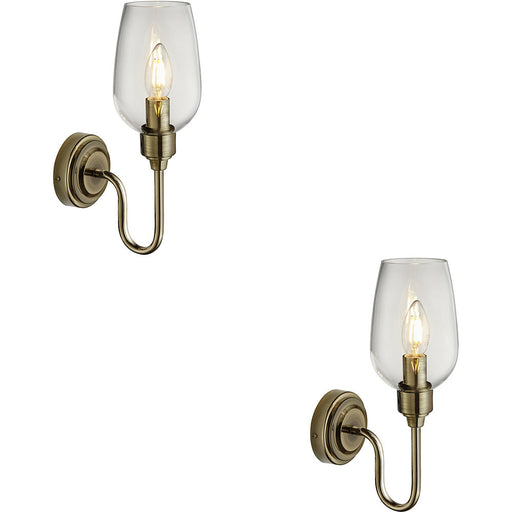 2 PACK Antique Brass Dimmable Wall Light - Clear Glass Shade - 6W LED E14 Candle