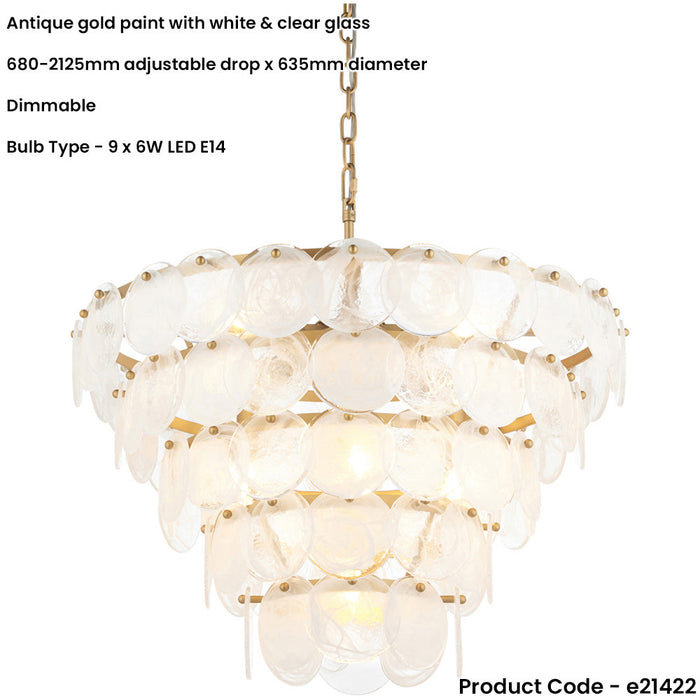 Hanging Ceiling Pendant Light - Antique Gold Paint With White & Clear Glass - 9 X 6W LED E14