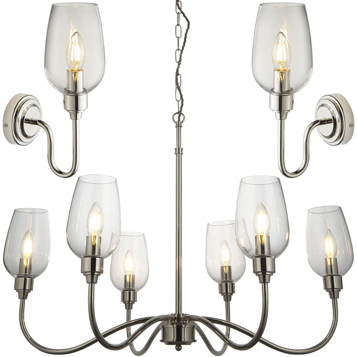 6 Light Hanging Ceiling Pendant & 2x Matching Wall Lights - Bright Nickel Clear Glass Shade - Dimmable Set