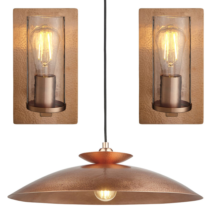 Hanging Ceiling Pendant & 2x Matching Wall Lights - Copper Hammered Dimmable Set