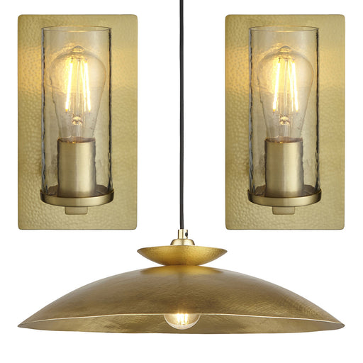 Hanging Ceiling Pendant & 2x Matching Wall Lights - Brass Hammered Dimmable Set