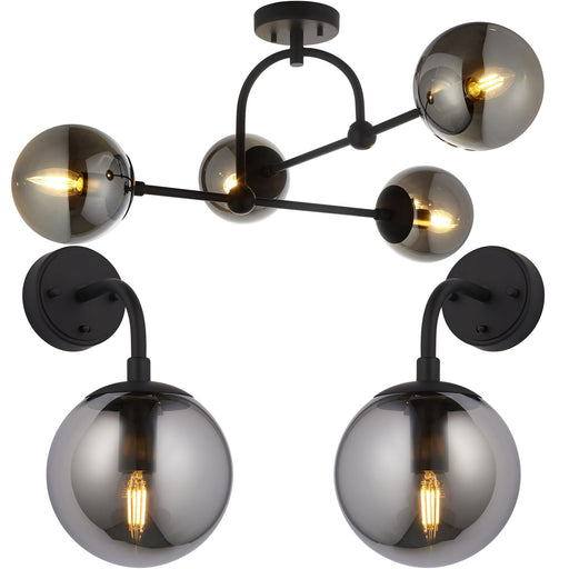 Semi Flush Low Ceiling Pendant & 2x Matching Wall Lights - Matt Black Frame Grey Tinted Glass Shade Set