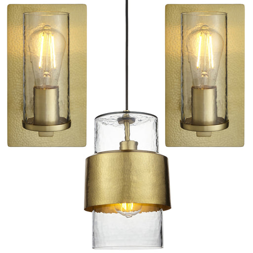 Single Hanging Ceiling Pendat & 2x Matching Wall Lights - Brass Hammered Dimmable Set