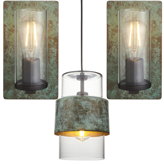 Single Hanging Ceiling Pendat & 2x Matching Wall Lights - Verdigris Hammered Dimmable Set