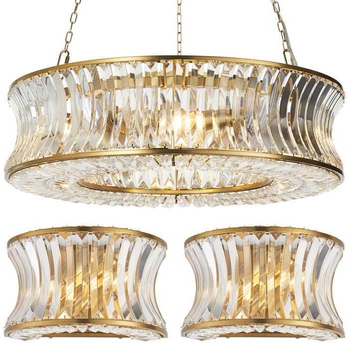 6 Light Hanging Ceiling Pendant & 2x Matching Wall Lights - Crystal Clear Glass Brass Edge Concave Dimmable Set