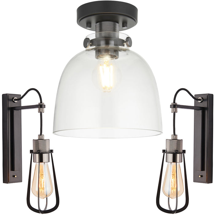 Semi Flush Low Ceiling Pendant & 2x Matching Wall Lights - Matt Black Frame Smoked Grey Tinted Glass Shade - Dimmable Set