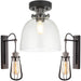 Semi Flush Low Ceiling Pendant & 2x Matching Wall Lights - Matt Black Frame Smoked Grey Tinted Glass Shade - Dimmable Set