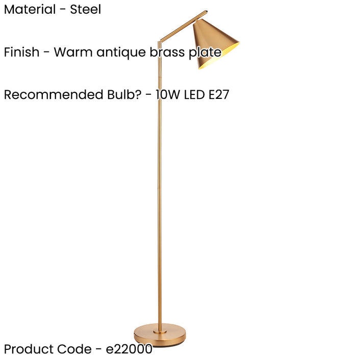 2 PACK 1580mm Tall Floor Lamp - Warm antique brass plate - Modern Metal Shade - 10W LED E27