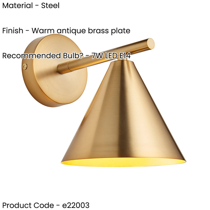 Dimmable Wall Light - Warm antique brass plate - Modern Metal Shade Sconce