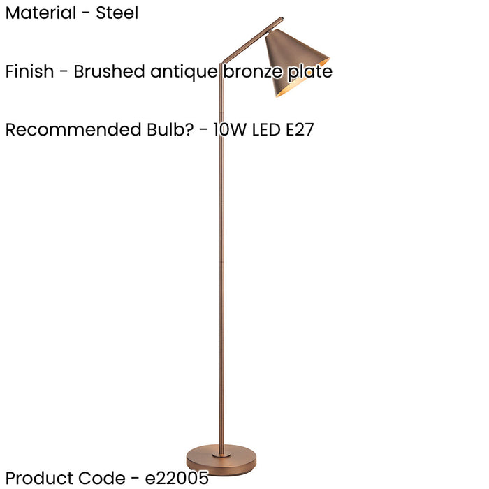 1580mm Tall Floor Lamp - Brushed antique bronze plate - Modern Metal Shade - 10W LED E27