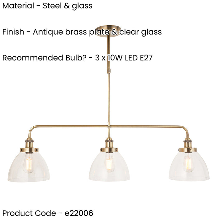 2 PACK Hanging Ceiling Pendant Light - Antique brass plate & clear glass - 3 x 10W LED E27