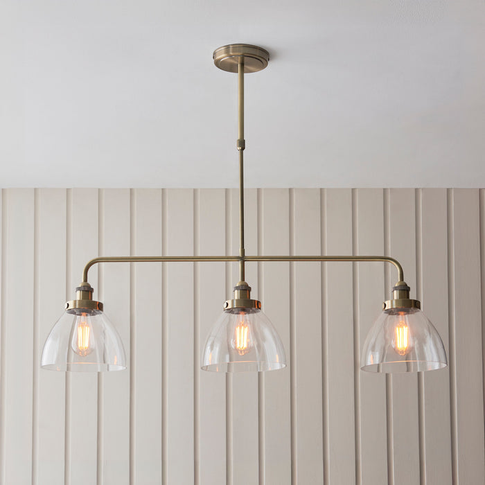 Hanging Ceiling Pendant Light - Antique brass plate & clear glass - 3 x 10W LED E27