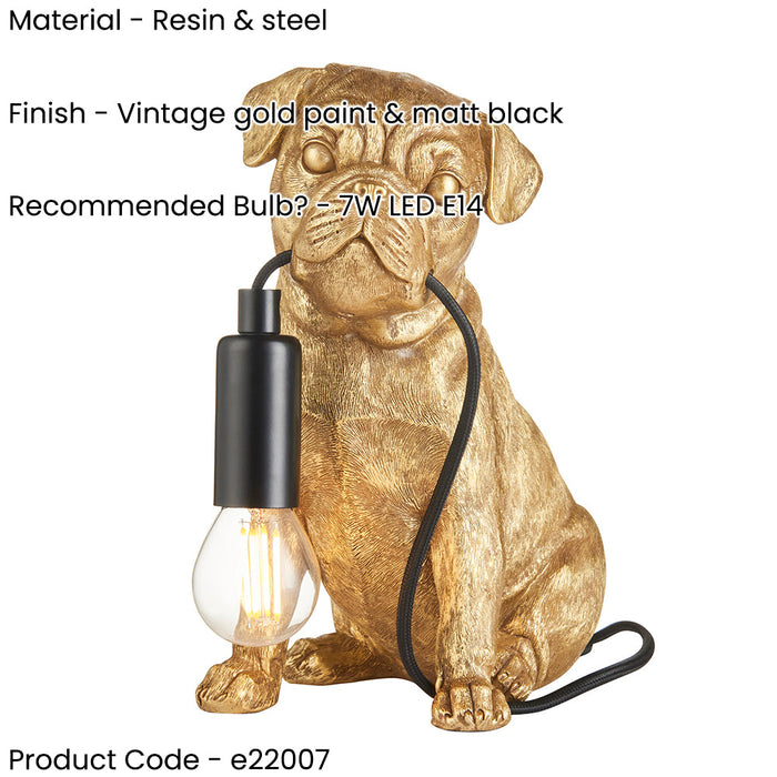 2 PACK Vintage Gold Pug Puppy Table Lamp - Cute Dog Bedside Dog Table Light - 7W LED E14