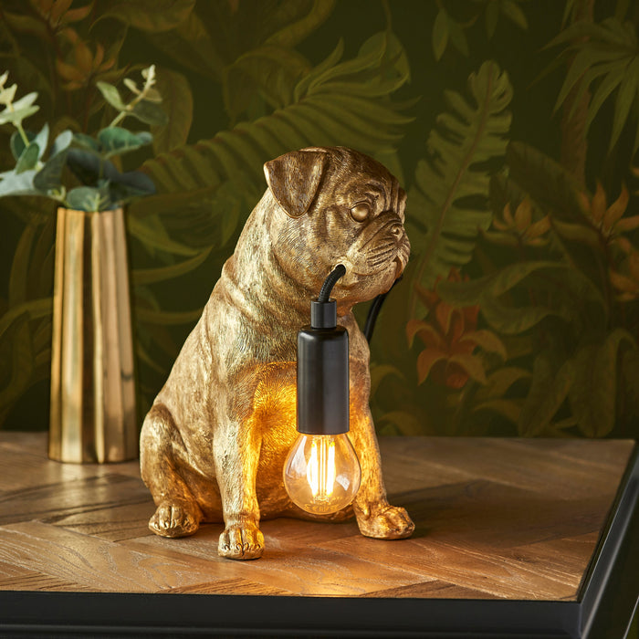 Vintage Gold Pug Puppy Table Lamp - Cute Dog Bedside Dog Table Light - 7W LED E14