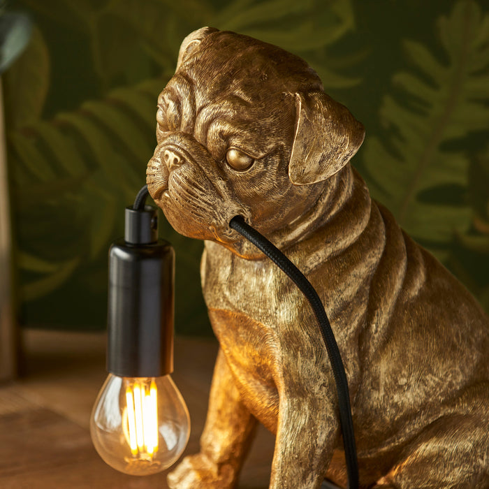 2 PACK Vintage Gold Pug Puppy Table Lamp - Cute Dog Bedside Dog Table Light - 7W LED E14