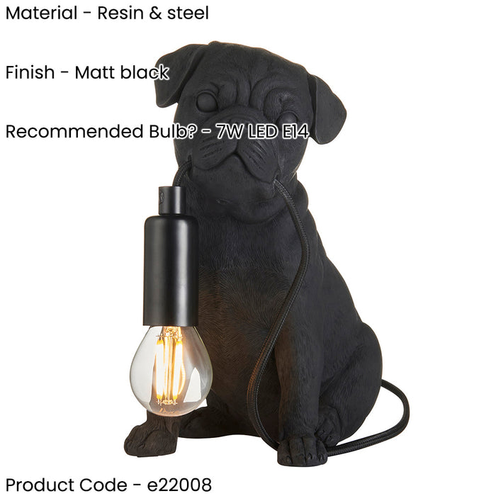 2 PACK Matt Black Pug Puppy Table Lamp - Cute Dog Bedside Dog Table Light - 7W LED E14