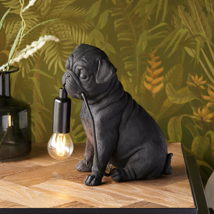 Matt Black Pug Puppy Table Lamp - Cute Dog Bedside Dog Table Light - 7W LED E14
