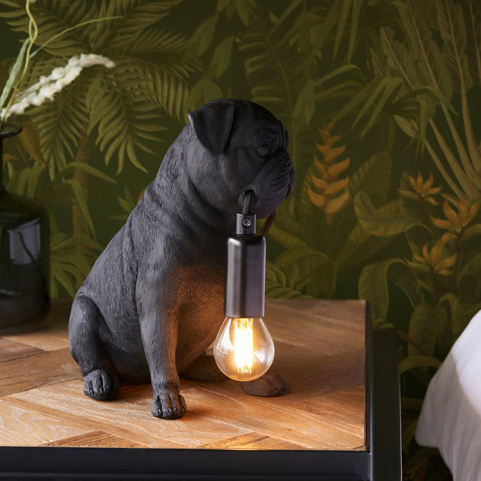 2 PACK Matt Black Pug Puppy Table Lamp - Cute Dog Bedside Dog Table Light - 7W LED E14