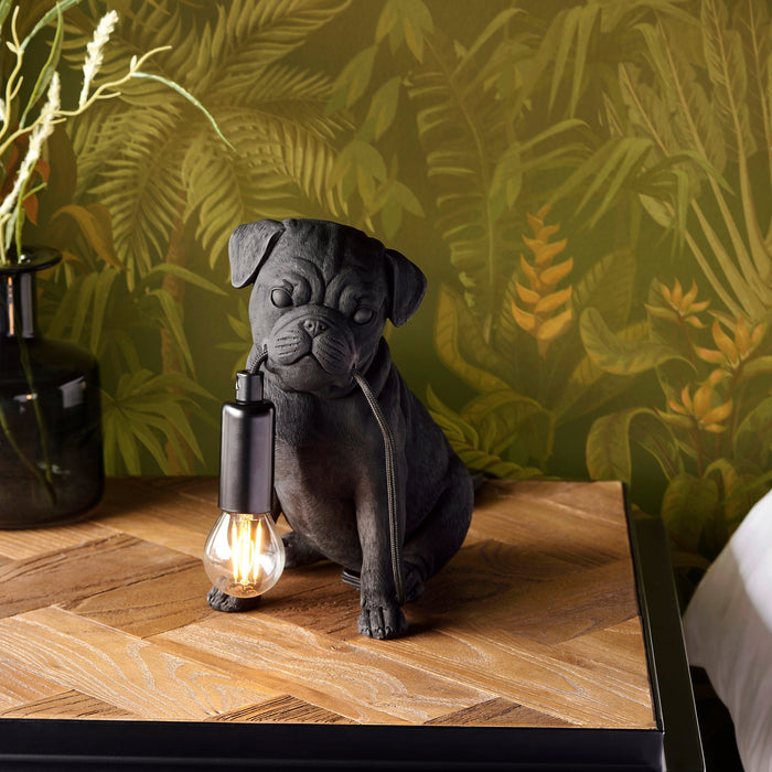 Matt Black Pug Puppy Table Lamp - Cute Dog Bedside Dog Table Light - 7W LED E14