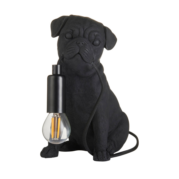 Matt Black Pug Puppy Table Lamp - Cute Dog Bedside Dog Table Light - 7W LED E14