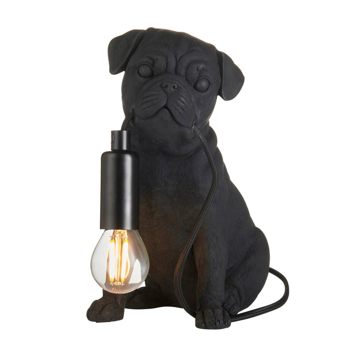 Matt Black Pug Puppy Table Lamp - Cute Dog Bedside Dog Table Light - 7W LED E14
