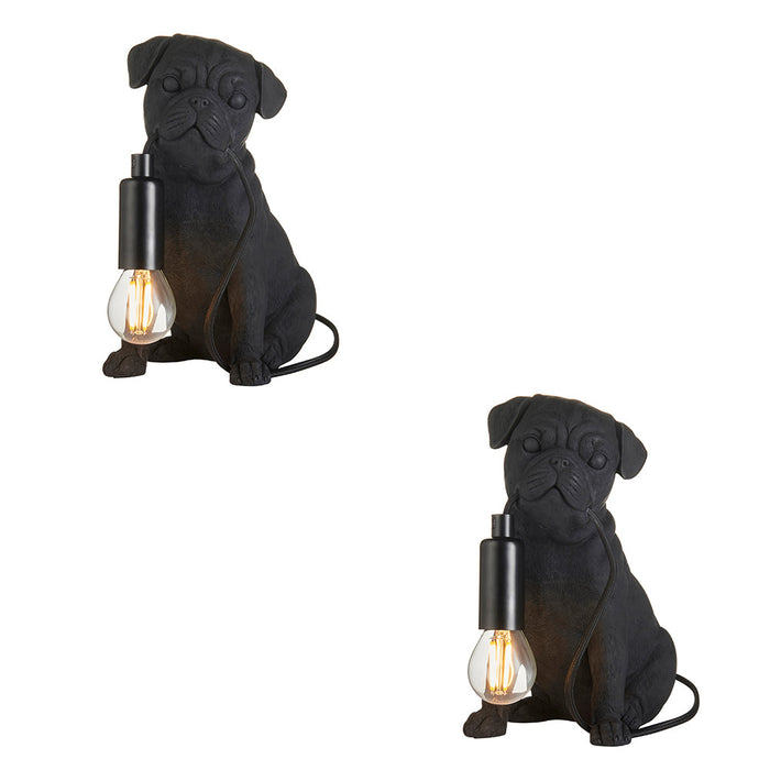 2 PACK Matt Black Pug Puppy Table Lamp - Cute Dog Bedside Dog Table Light - 7W LED E14