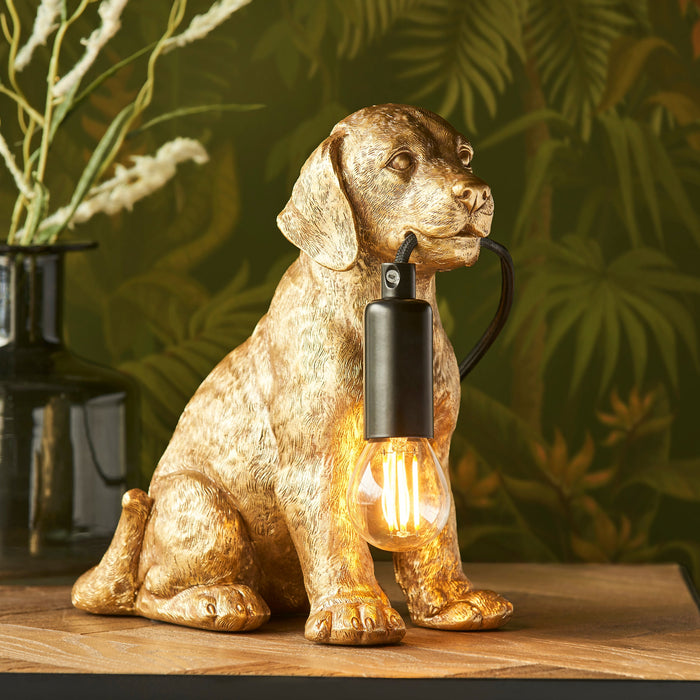 Vintage Gold Labrador Puppy Table Lamp - Cute Dog Bedside Dog Table Light - 7W LED E14