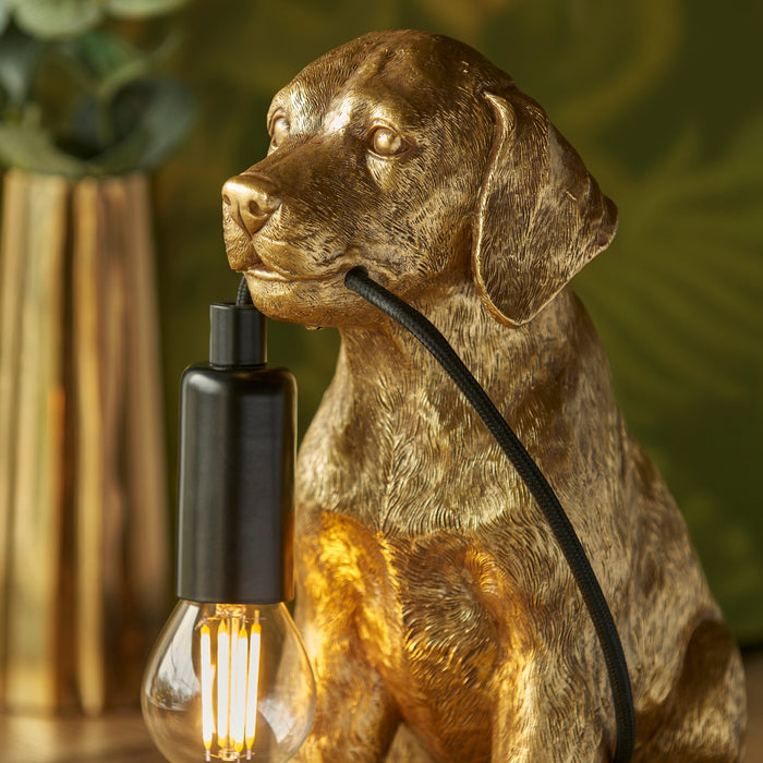 2 PACK Vintage Gold Labrador Puppy Table Lamp - Cute Dog Bedside Dog Table Light - 7W LED E14