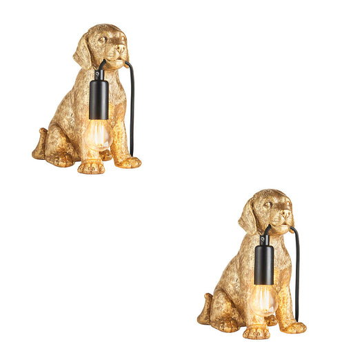 2 PACK Vintage Gold Labrador Puppy Table Lamp - Cute Dog Bedside Dog Table Light - 7W LED E14