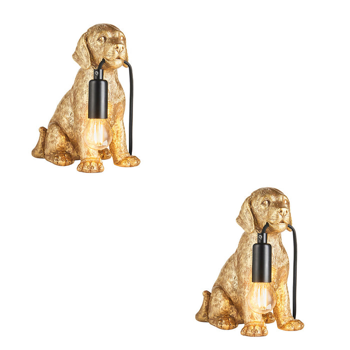 2 PACK Vintage Gold Labrador Puppy Table Lamp - Cute Dog Bedside Dog Table Light - 7W LED E14