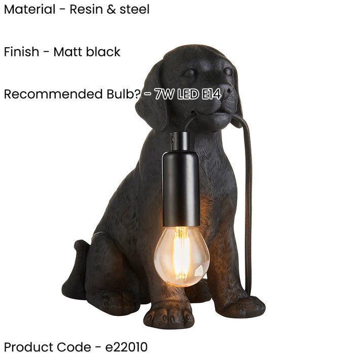 Matt Black Labrador Puppy Table Lamp - Cute Dog Bedside Dog Table Light - 7W LED E14