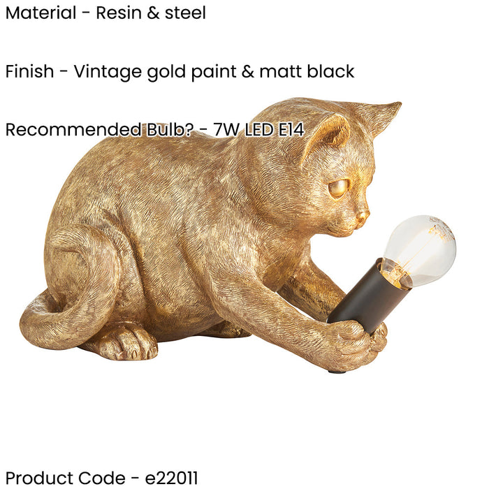 2 PACK Vintage Gold Kitten Table Lamp - Cute Dog Bedside Cat Table Light - 7W LED E14