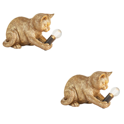 2 PACK Vintage Gold Kitten Table Lamp - Cute Dog Bedside Cat Table Light - 7W LED E14
