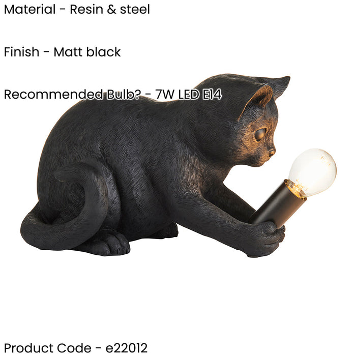 Matt Black Kitten Table Lamp - Cute Dog Bedside Cat Table Light - 7W LED E14