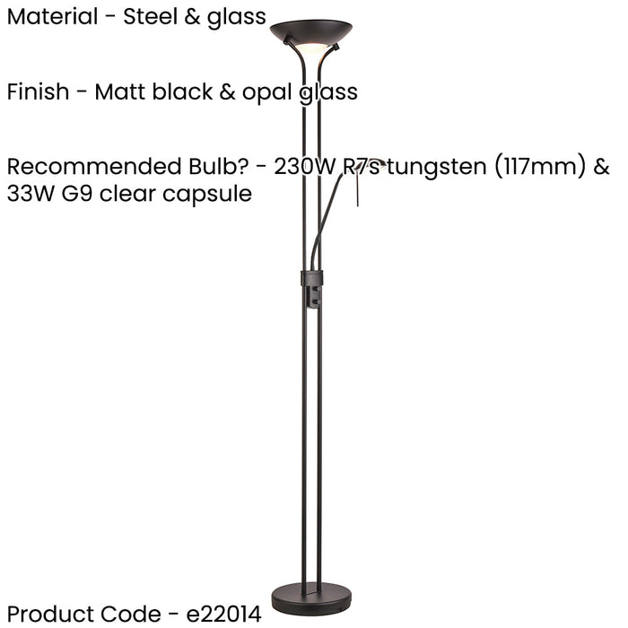 1800mm Tall Mother & Child Floor Lamp - Matt black & opal glass - 230W R7s (117mm) & 33W G9