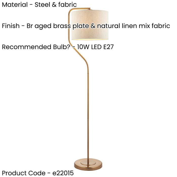 2 PACK 1550mm Tall Floor Lamp - Brushed aged brass plate & natural linen Shade - 10W LED E27