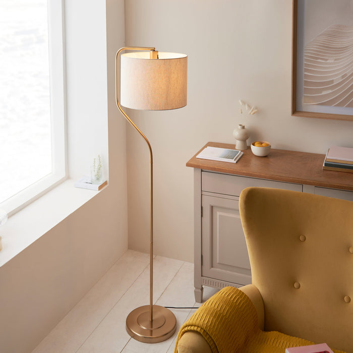 1550mm Tall Floor Lamp - Brushed aged brass plate & natural linen Shade - 10W LED E27