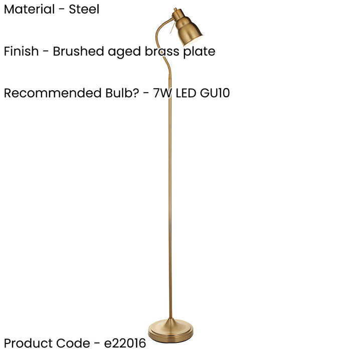 2 PACK 1630mm Tall Floor Lamp - Brushed aged brass plate Shade - Adjustable Head - 7W LED GU10