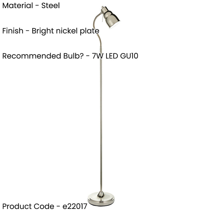 1630mm Tall Floor Lamp - Bright nickel plate Shade - Adjustable Head - 7W LED GU10