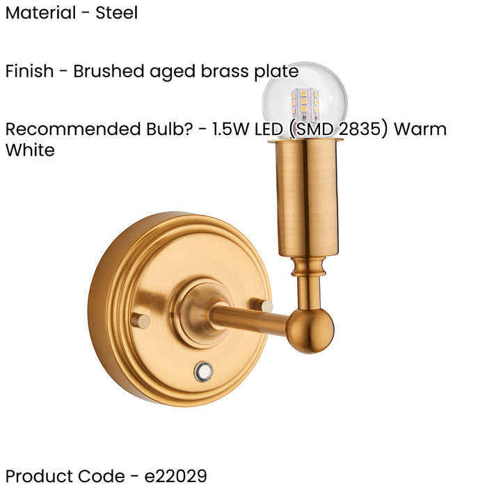 2 PACK Rechargeable LED Wall Light - Brushed aged brass plate - 3 Stage Touch Dimmable - 1.5W