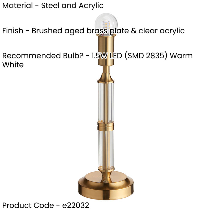 Table Lamp Base Only - Brushed aged brass plate & clear acrylic - 1.5W LED Warm White