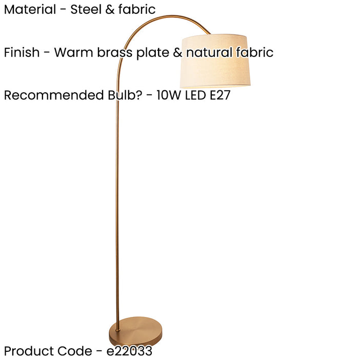 2 PACK 1635mm Tall Curved Floor Lamp - Warm brass plate & natural fabric Shade - 10W LED E27