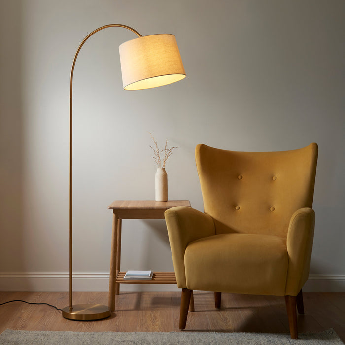 2 PACK 1635mm Tall Curved Floor Lamp - Warm brass plate & natural fabric Shade - 10W LED E27