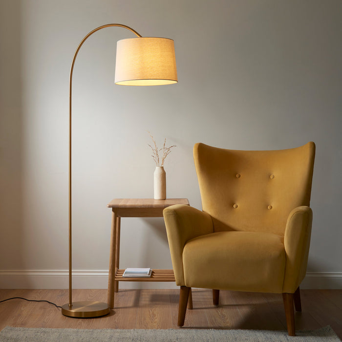 1635mm Tall Curved Floor Lamp - Warm brass plate & natural fabric Shade - 10W LED E27