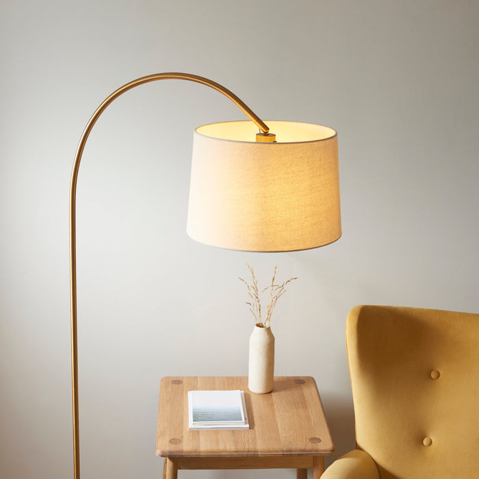 1635mm Tall Curved Floor Lamp - Warm brass plate & natural fabric Shade - 10W LED E27