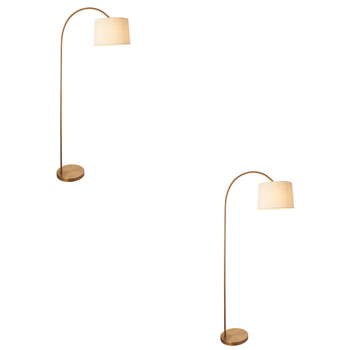 2 PACK 1635mm Tall Curved Floor Lamp - Warm brass plate & natural fabric Shade - 10W LED E27