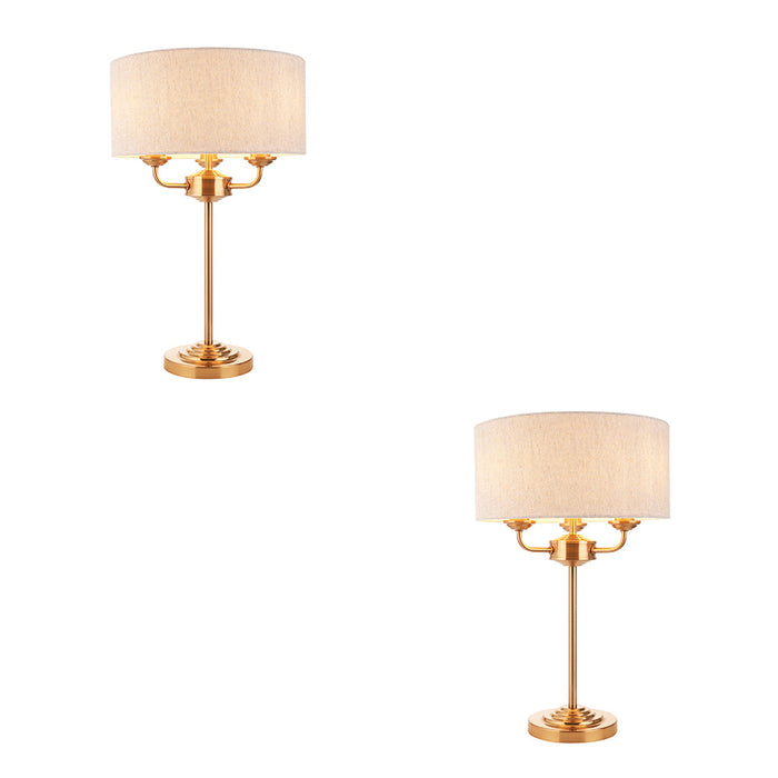 2 PACK Table Lamp & Shade - Vintage brass & natural linen - 3 x 7W LED E14