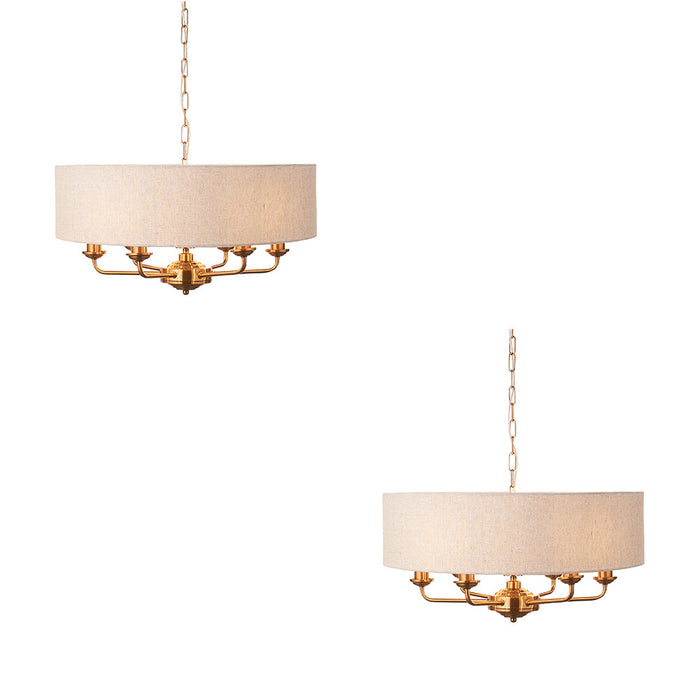 2 PACK Hanging Ceiling Pendant Light - Vintage brass & natural linen - 6 x 6W LED E14