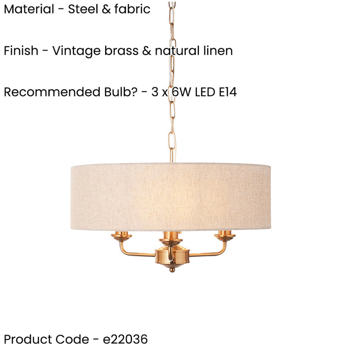 Hanging Ceiling Pendant Light - Vintage brass & natural linen - 3 x 6W LED E14