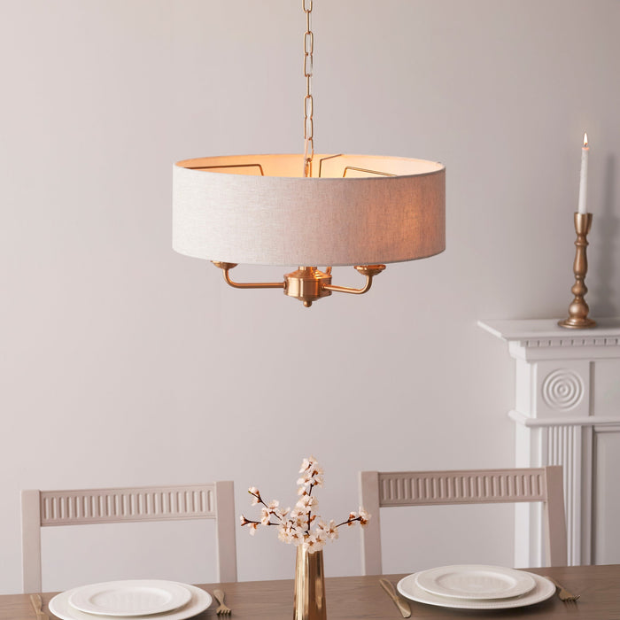 Hanging Ceiling Pendant Light - Vintage brass & natural linen - 3 x 6W LED E14
